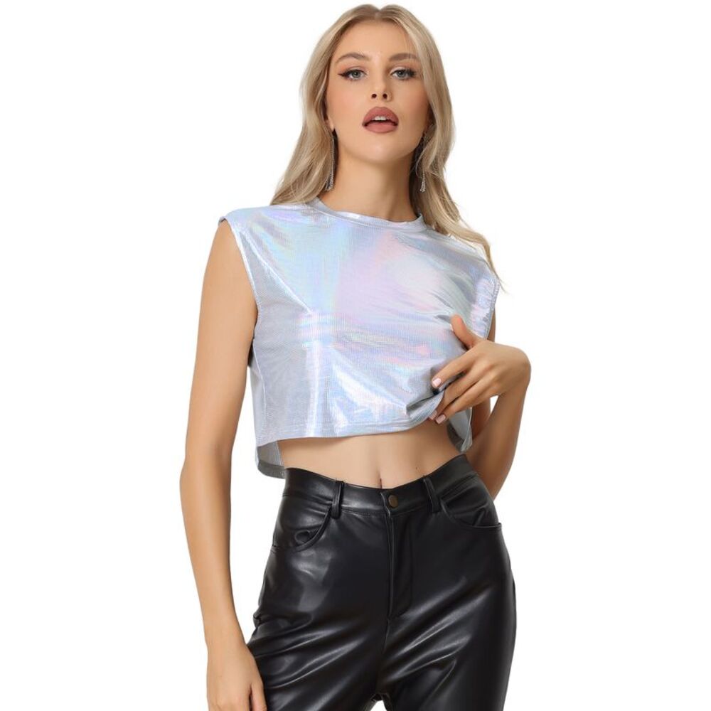 Metallic Sleeveless Top Party Shiny Crop Holographic Tops Silver-Plaid
